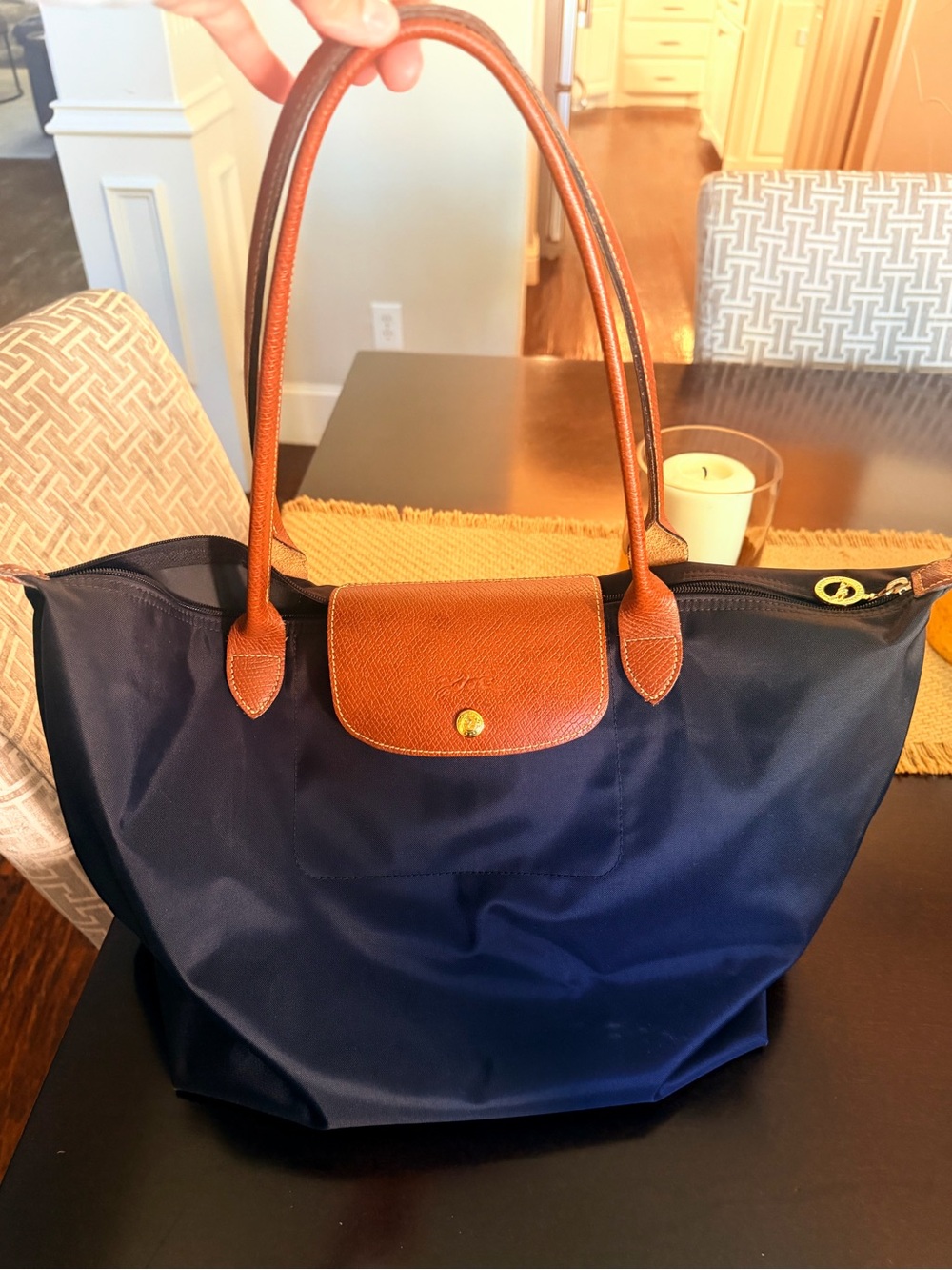 Longchamp Le Pliage Orignal Medium Nylon Tote (Black with cognac leather detail) - Picture 4 of 6